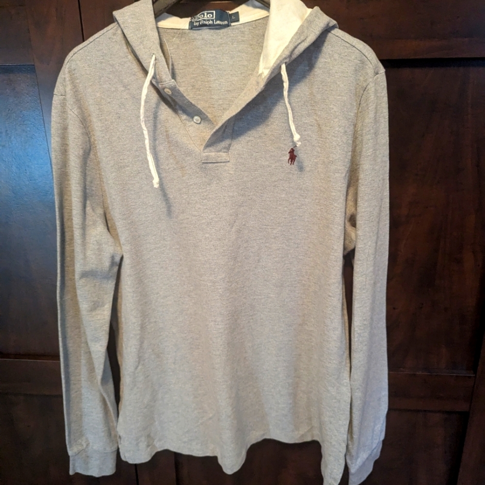 Gray Hooded Long Sleeve Polo Shirt